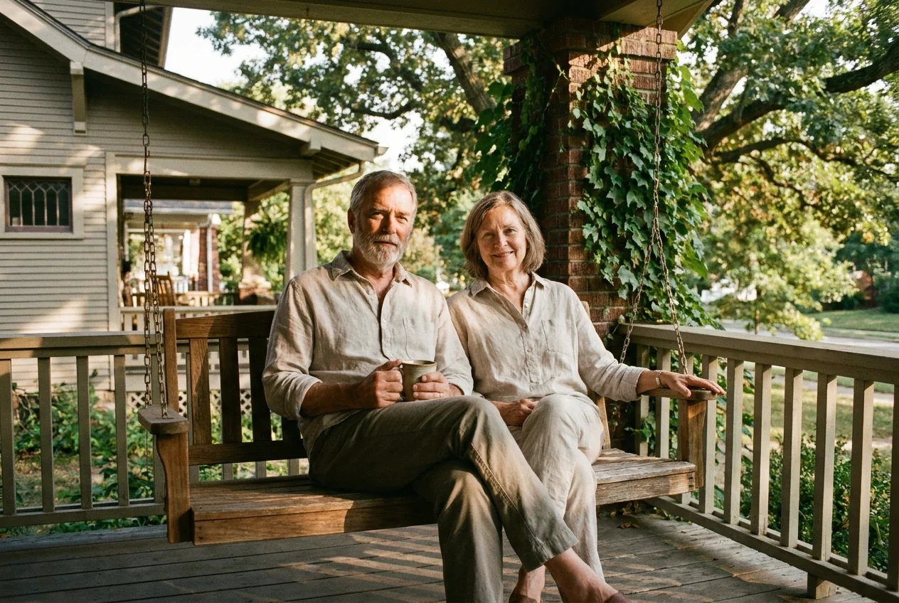 An older couple sitting on a classic wooden porch swing in warm afternoon light.