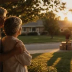 An older couple stands on their porch during sunset, looking at a moving truck parked in their driveway.