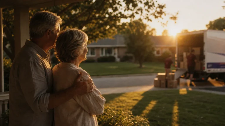 An older couple stands on their porch during sunset, looking at a moving truck parked in their driveway.