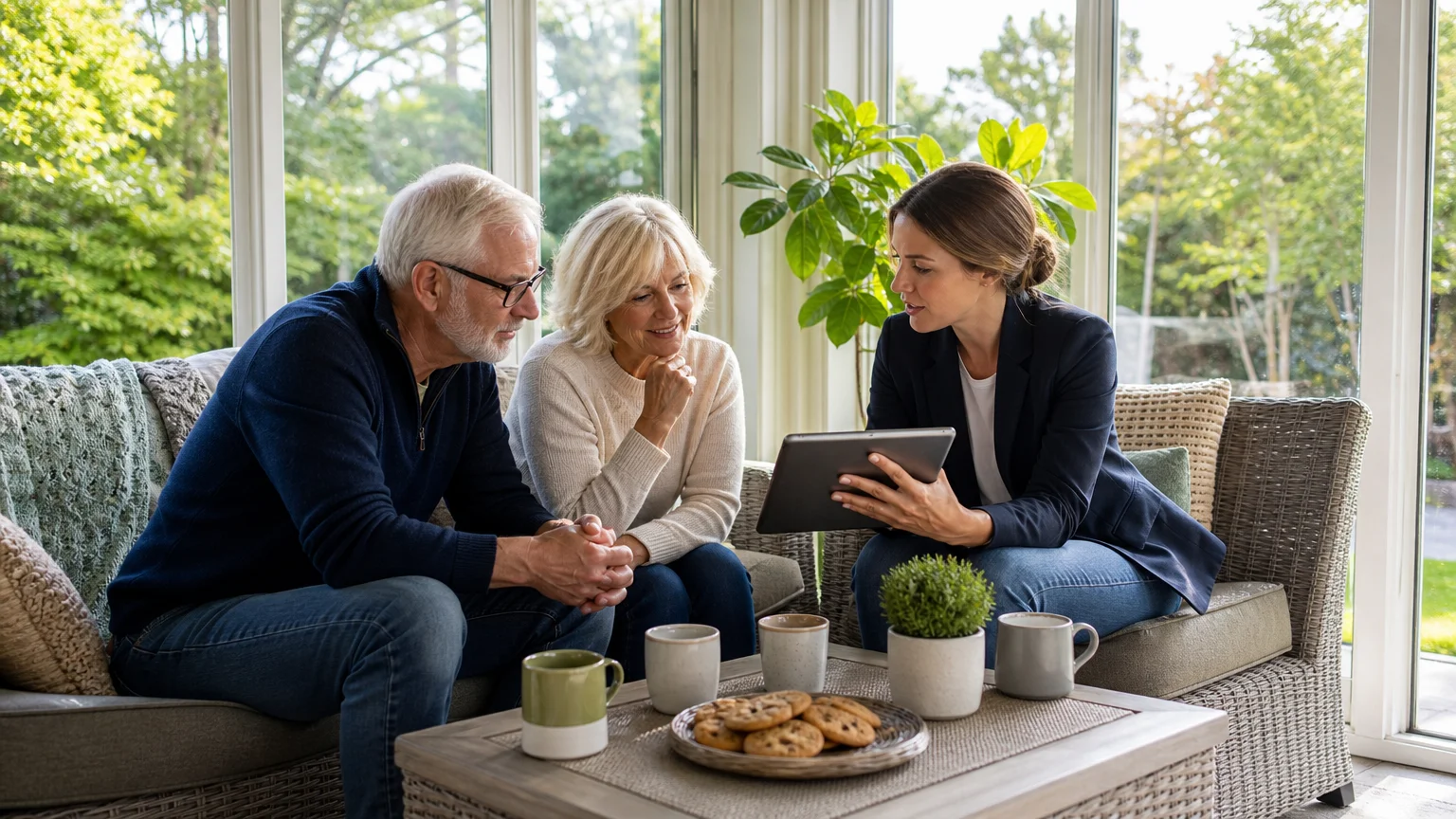 An older couple talking with a financial advisor in a sunlit room at home.