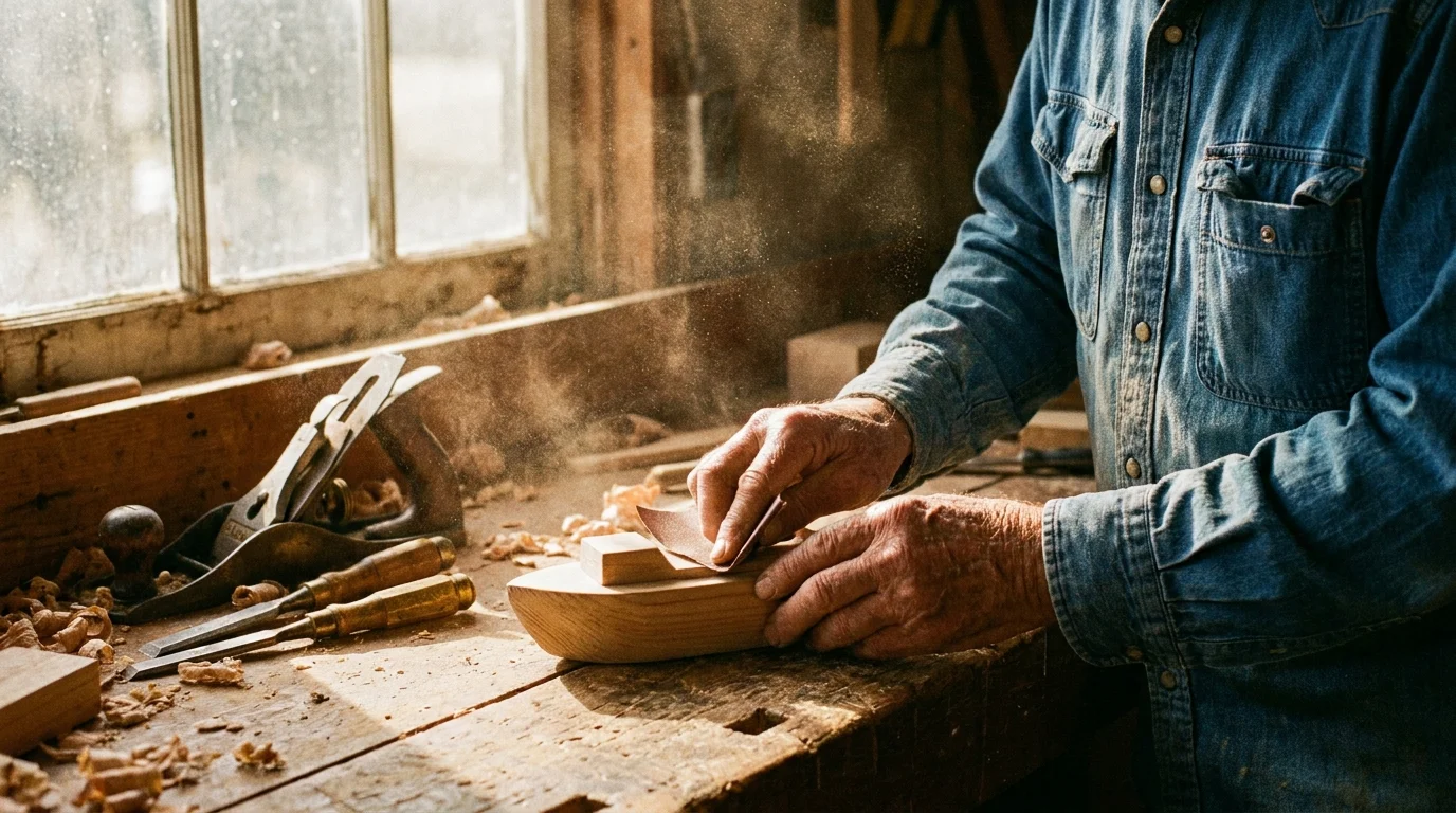 An older man carefully sanding a handmade wooden toy boat in his sunlit workshop.