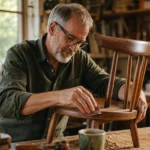 An older man happily restoring a wooden chair in his sunlit home workshop, symbolizing flexible and rewarding part-time work.