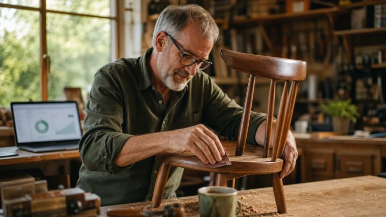An older man happily restoring a wooden chair in his sunlit home workshop, symbolizing flexible and rewarding part-time work.