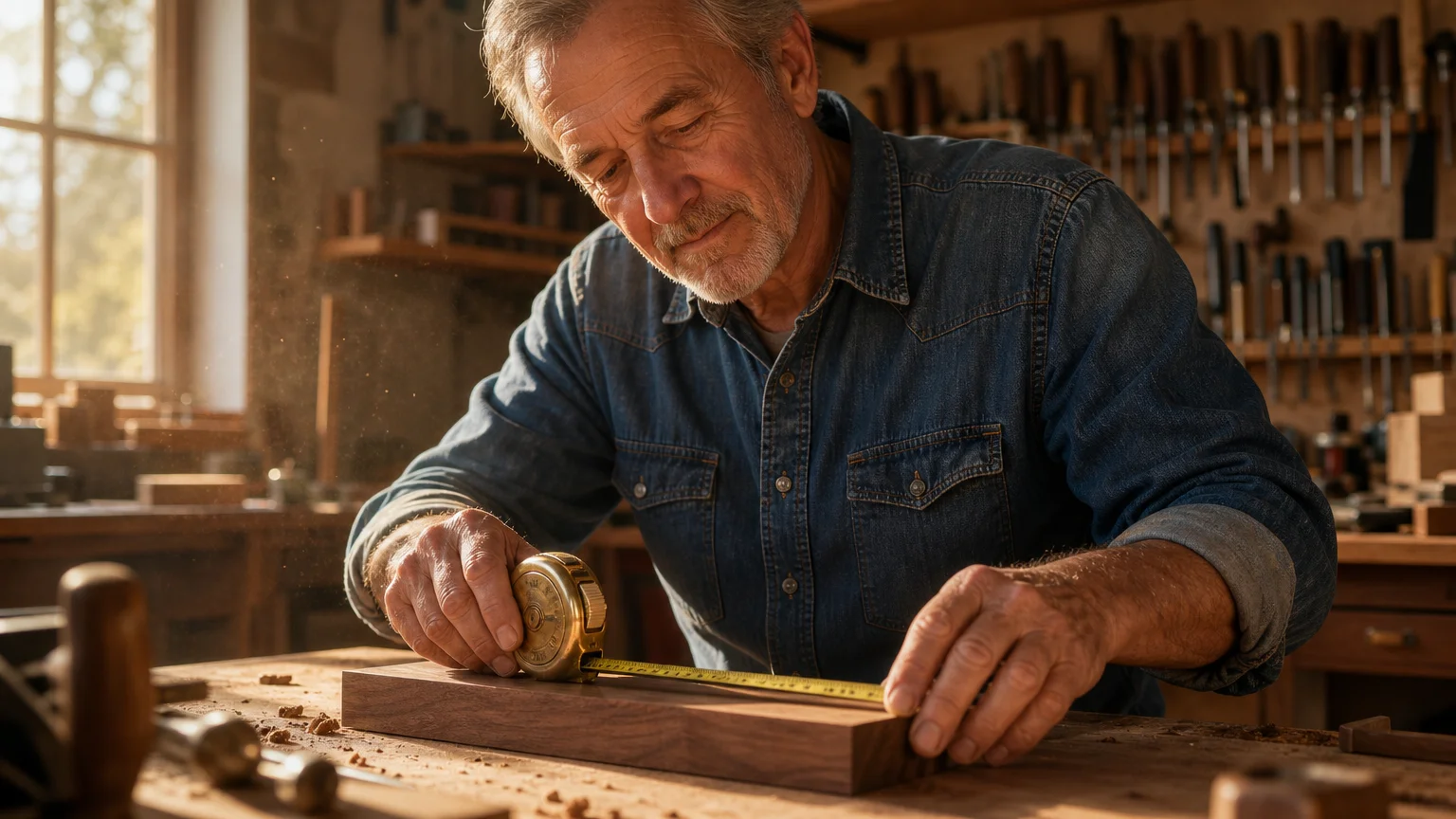 An older man in a denim shirt carefully measuring walnut wood in a warm, sunlit home workshop filled with tools.