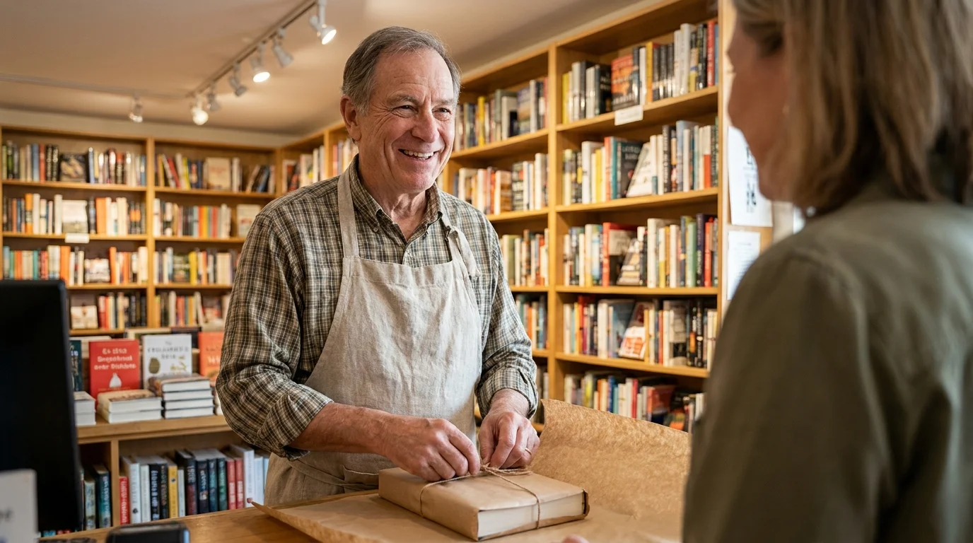 An older man in an apron working behind the counter of a cozy local bookstore.