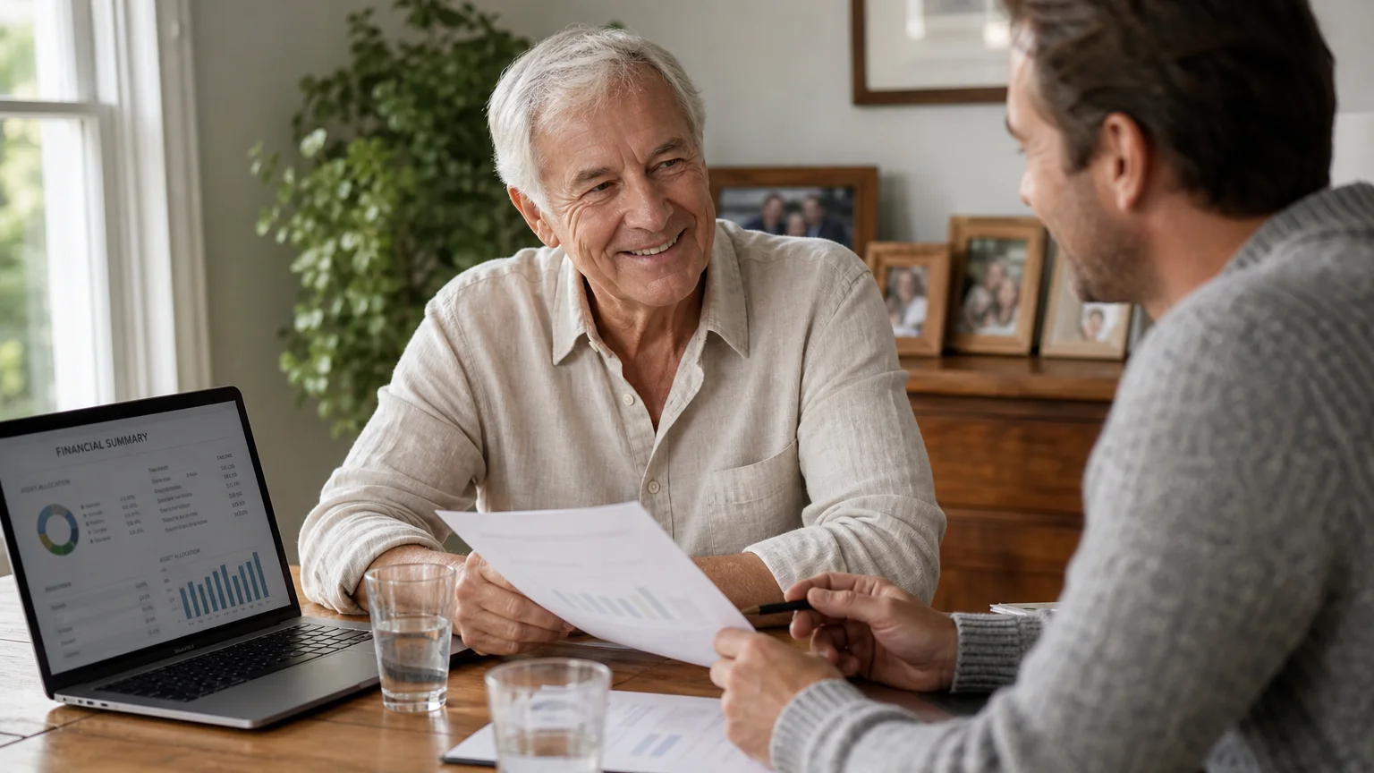An older man sits at his dining table, reviewing financial documents with a supportive professional in a warm, casual home setting.