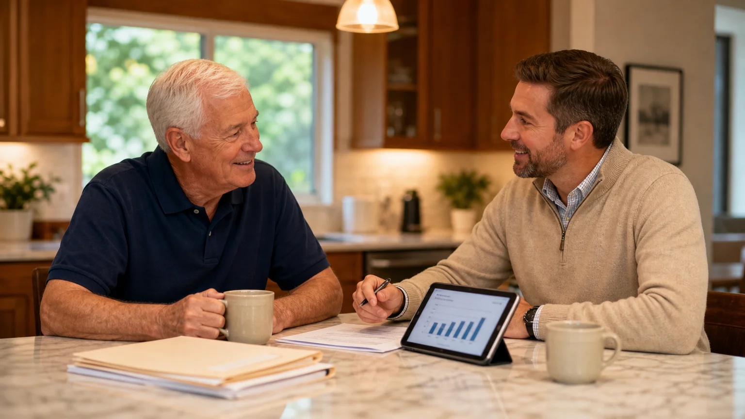 An older man sitting at a kitchen island, smiling as he discusses tax folders with a friendly advisor over mugs of tea.
