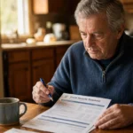 An older man sitting at his kitchen table under warm light, thoughtfully reviewing a paper Social Security document with a pen in hand.