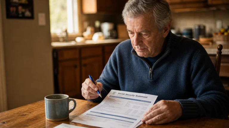 An older man sitting at his kitchen table under warm light, thoughtfully reviewing a paper Social Security document with a pen in hand.