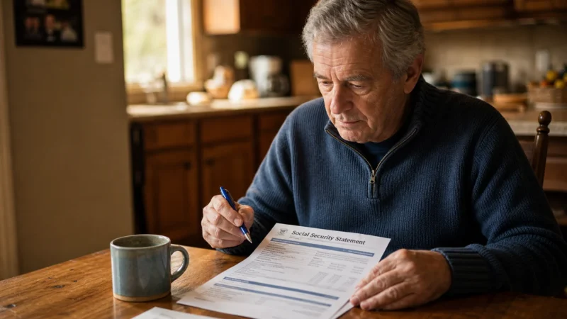 An older man sitting at his kitchen table under warm light, thoughtfully reviewing a paper Social Security document with a pen in hand.