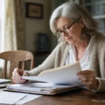 An older woman at her sunlit dining table organizing paperwork and folders.
