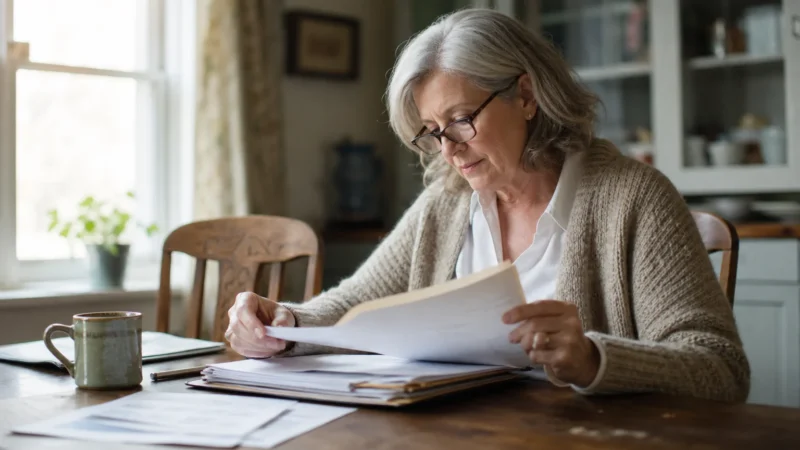 An older woman at her sunlit dining table organizing paperwork and folders.