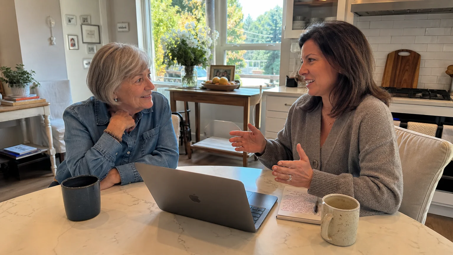 An older woman consults with a financial planner at a sunlit kitchen island with coffee mugs and a laptop.