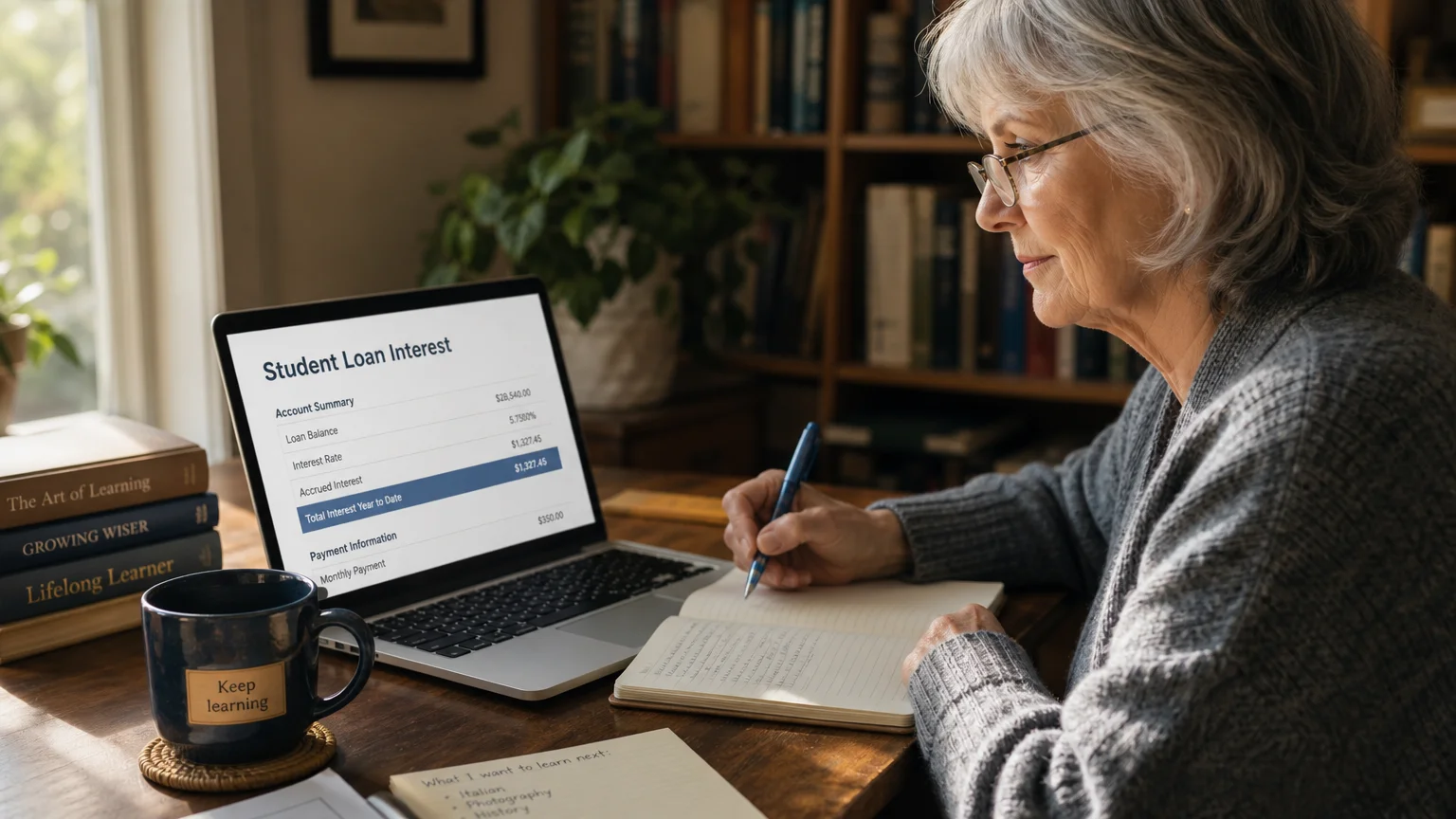 An older woman reviewing a student loan document on her laptop in a cozy, warm-lit home study room, holding a pen over a notebook.