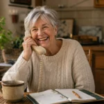 An older woman smiling and laughing while talking on her phone at a sunlit kitchen table with a mug of tea.