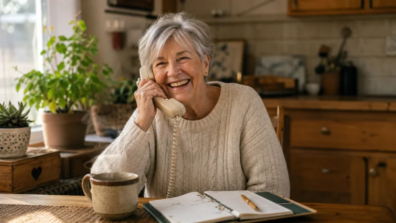 An older woman smiling and laughing while talking on her phone at a sunlit kitchen table with a mug of tea.