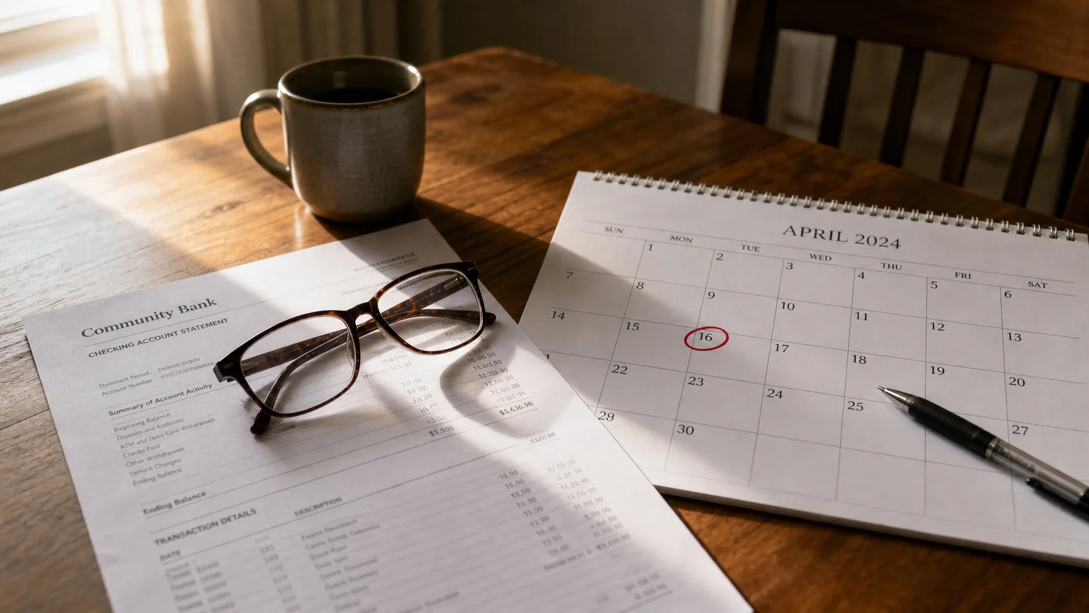 Close-up of a bank statement, reading glasses, and a calendar with a circled date on a wooden table.