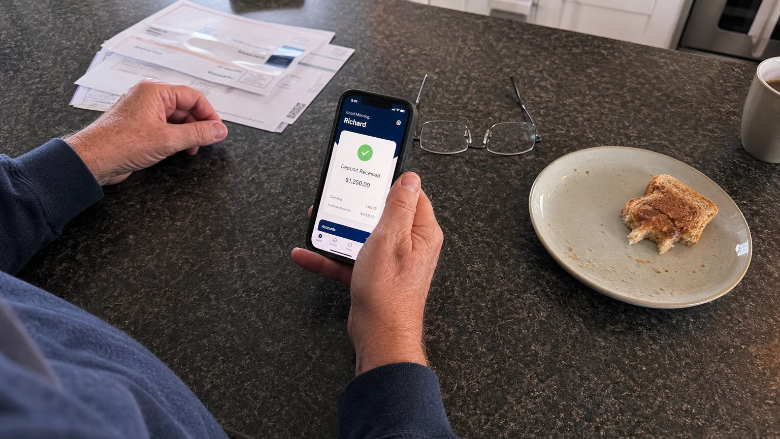 Close-up of a person's hands checking a mobile bank deposit notification on a smartphone.