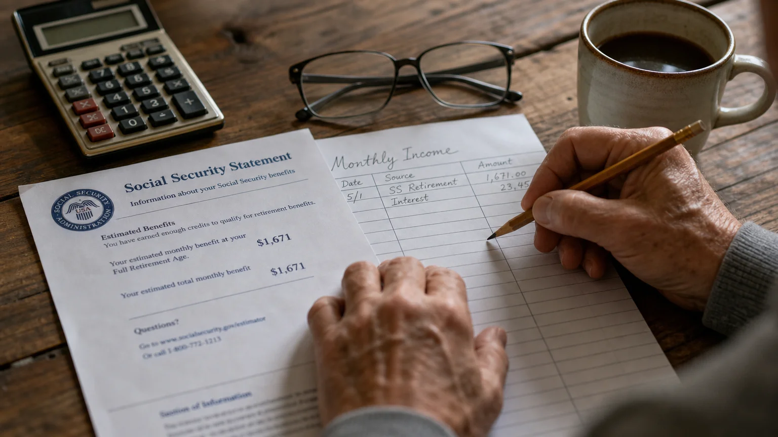 Close-up of a retiree's hands using a pencil and calculator to carefully track expenses and income on a wooden table.
