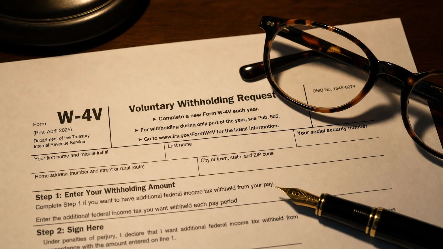 Close-up of a Social Security tax withholding form with a pen and glasses on a wooden desk.