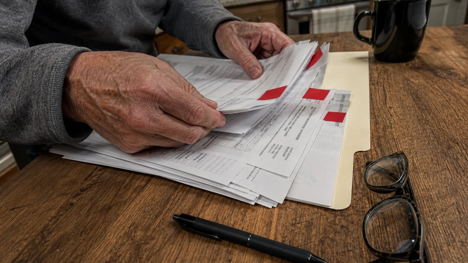 Close-up of hands organizing financial papers with bright red sticky notes marking important sections on an oak table.