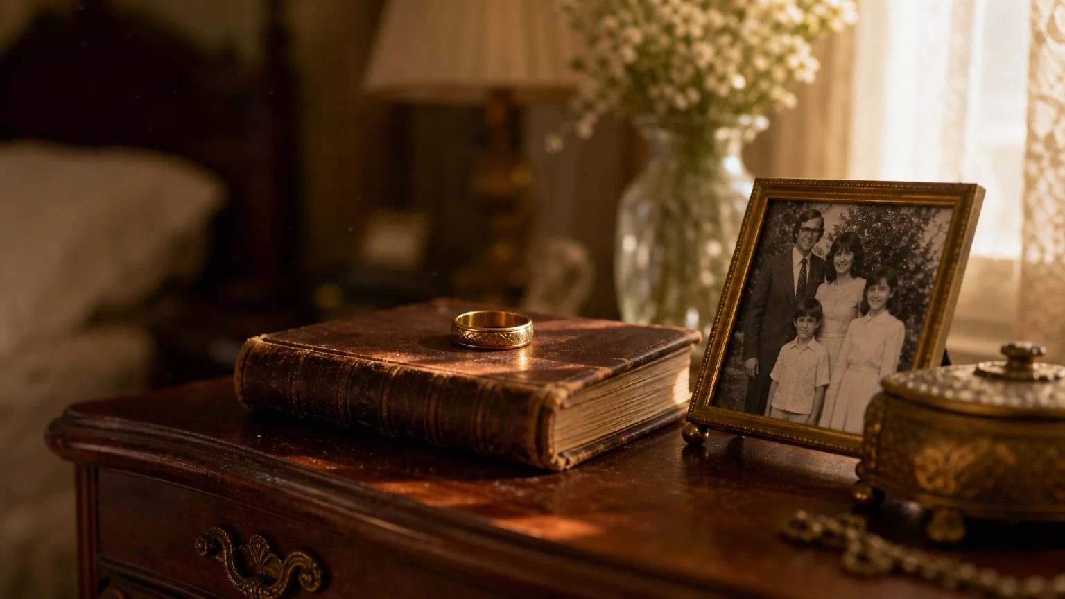 Close-up photograph of a vintage gold wedding ring and an old leather journal on a wooden dresser in soft morning light.