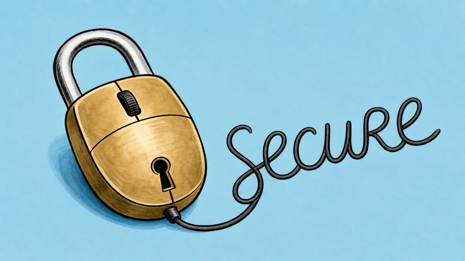 Conceptual illustration of a padlock shaped like a computer mouse on a blue background.