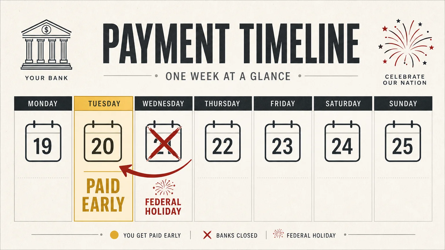 Diagram showing a payment moving from a holiday Wednesday to the preceding Tuesday.