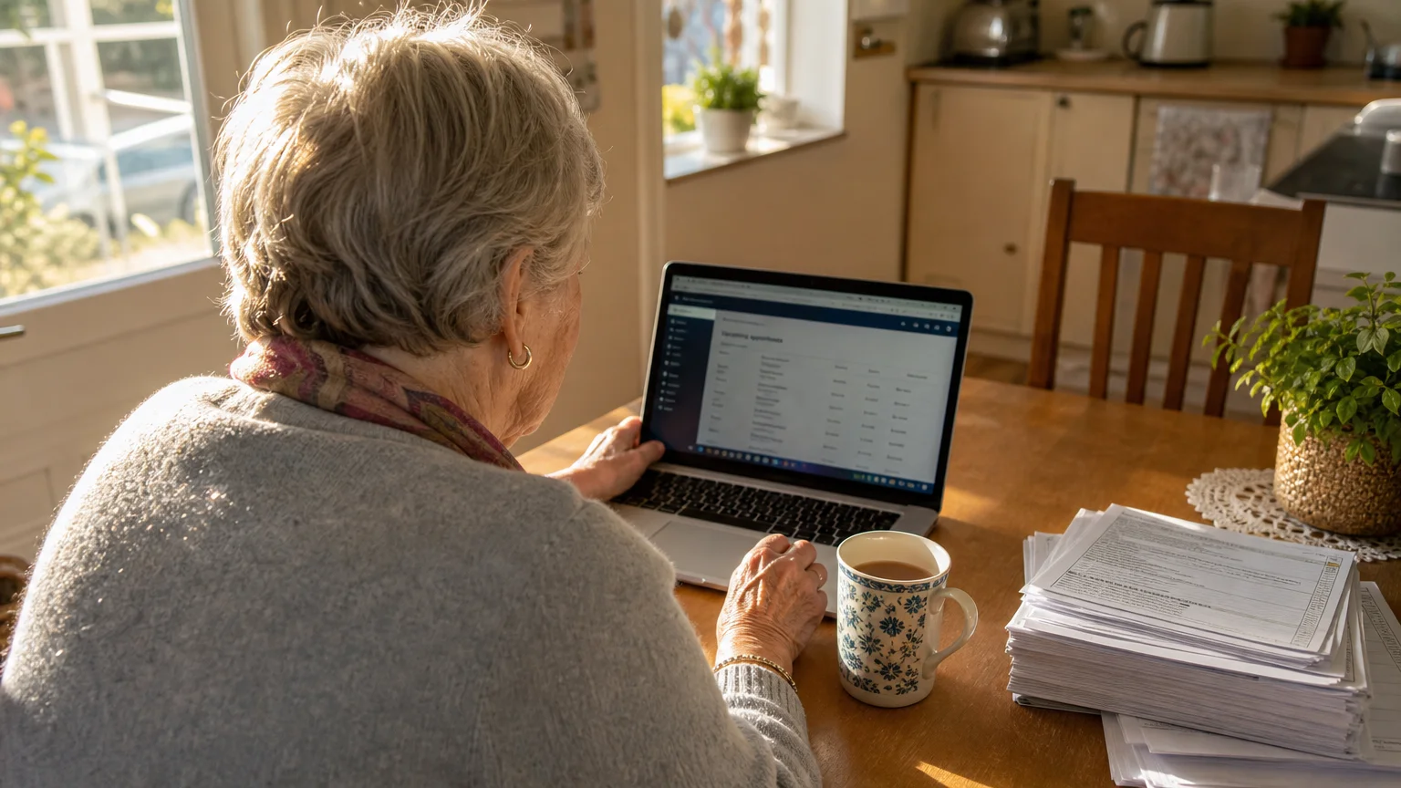 Documentary-style photo of an older woman at her sunlit kitchen table, using a laptop with paperwork nearby.