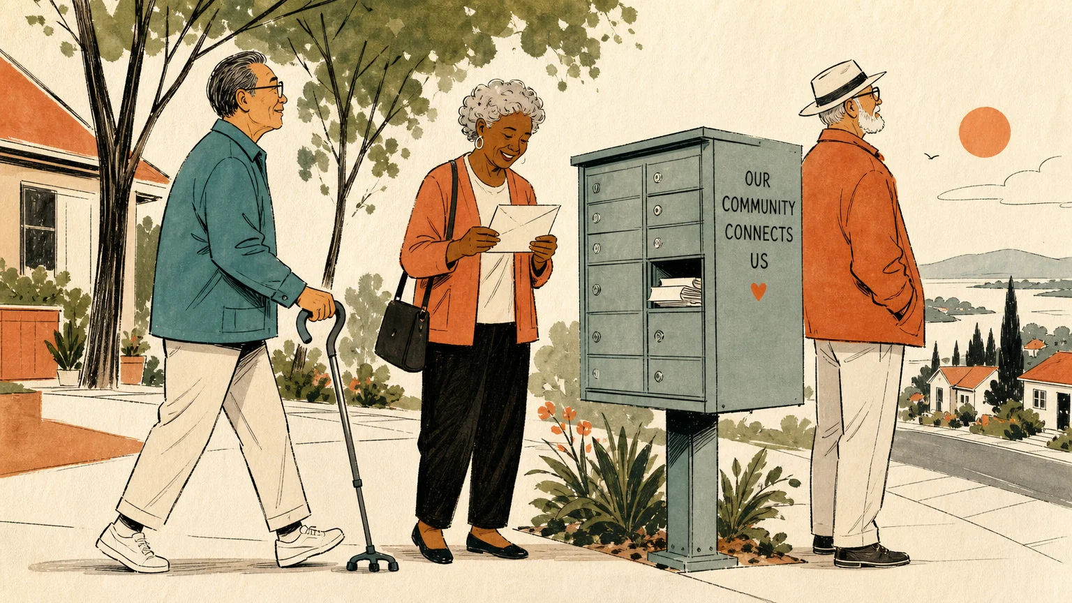 Editorial illustration of diverse seniors near a community mailbox, conveying eligibility, age, and community support.