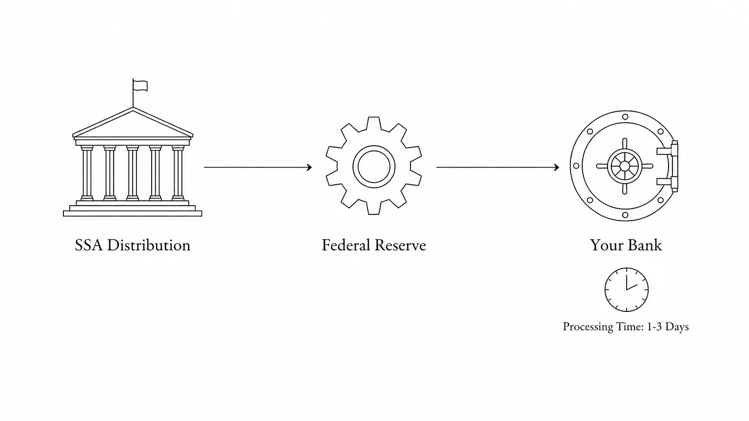 Flowchart showing the path of a Social Security payment from the SSA through the Federal Reserve to a personal bank.