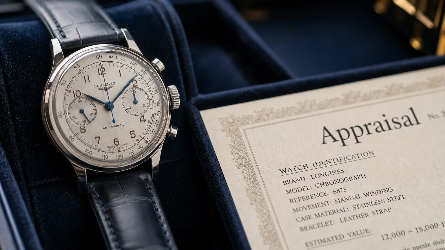 Macro photograph of a vintage mechanical watch resting on navy velvet next to an appraisal document.