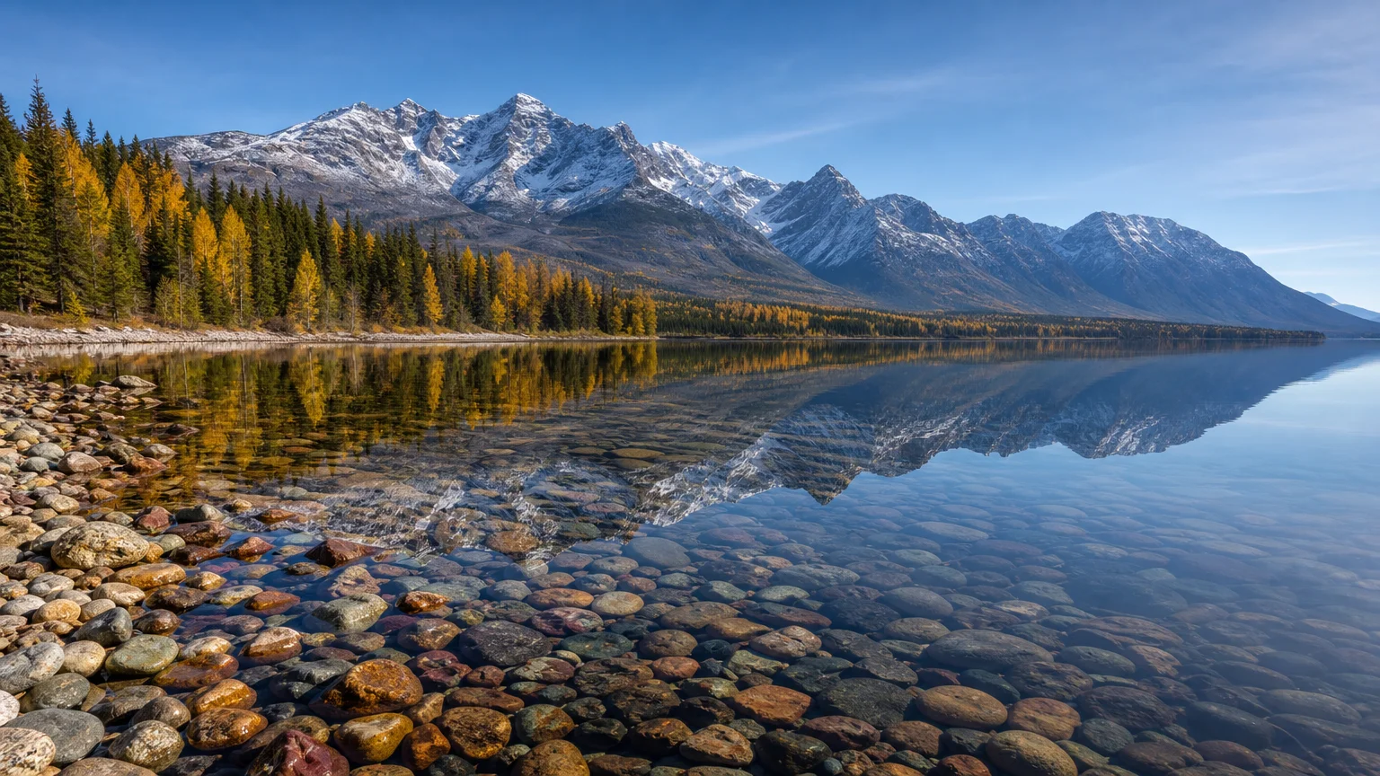 The calm waters of Flathead Lake in Montana reflecting the snow-capped Mission Mountains under a clear blue morning sky.