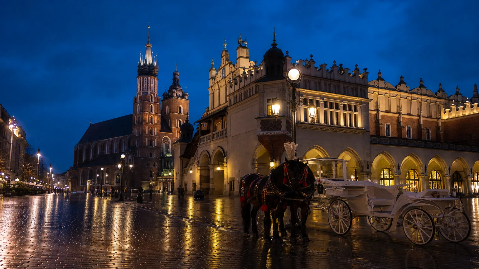 The illuminated Cloth Hall in Krakow's Main Market Square at night, with wet cobblestones reflecting the golden city lights.