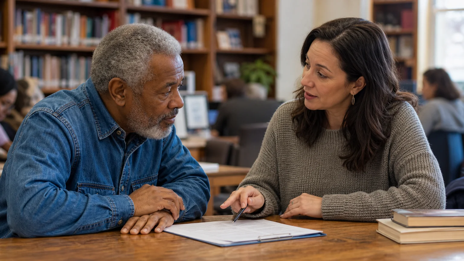 Warm photograph of an older man consulting with an empathetic female community advisor in a library.