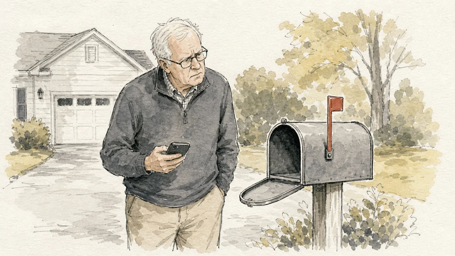 Watercolor illustration of a man looking into an empty mailbox with a confused expression.