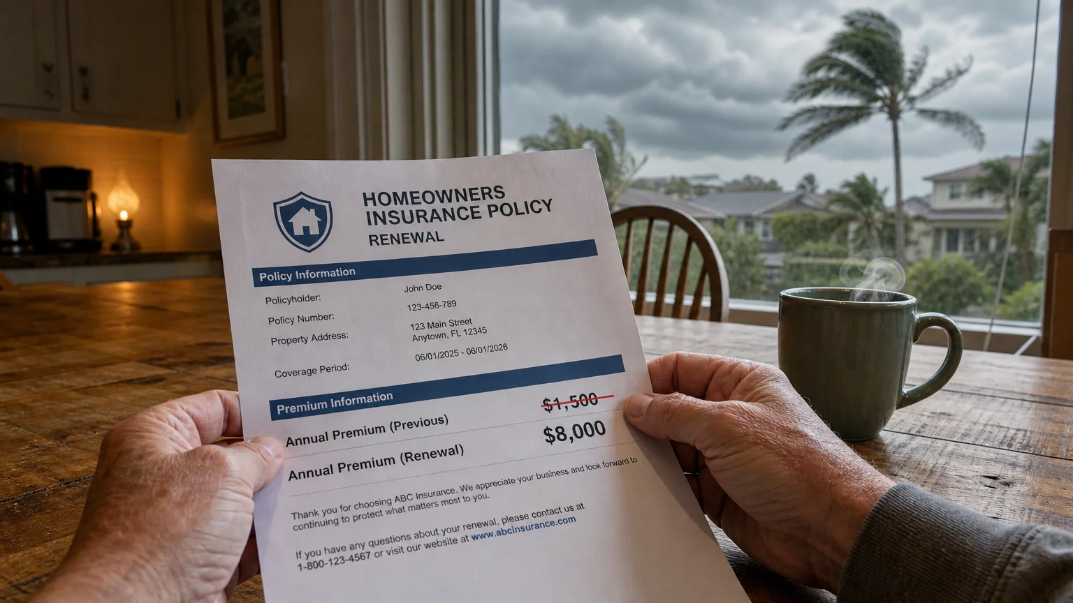 Weathered hands hold an insurance bill showing a premium increase from $1,500 to $8,000 under a stormy Florida sky.