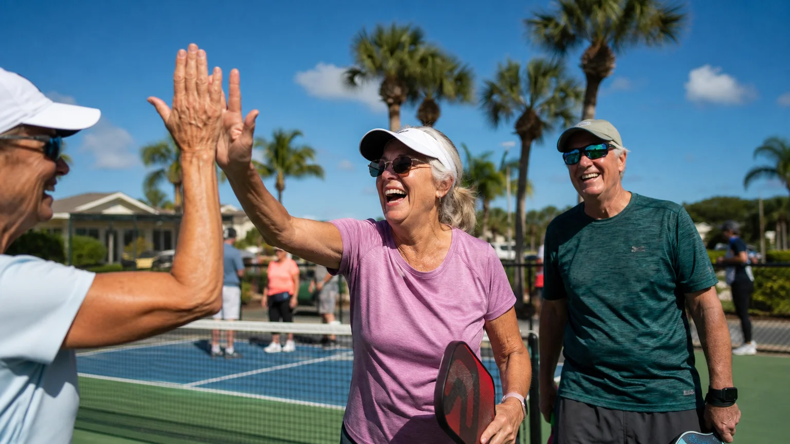 A candid photo of active older adults laughing and playing pickleball together on a sunny outdoor court in Florida.