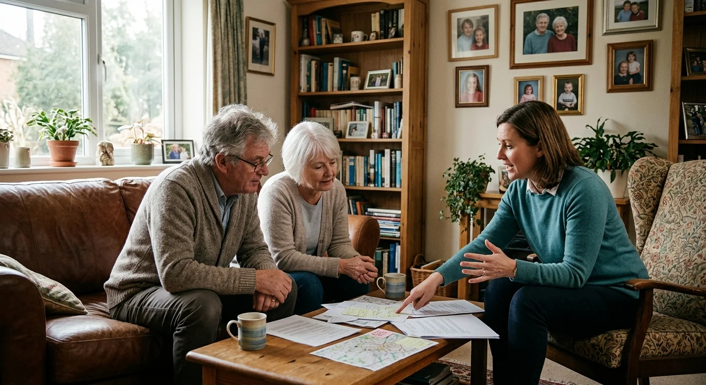 A candid photo of an older couple discussing documents with a consultant in a warm, cozy home living room.
