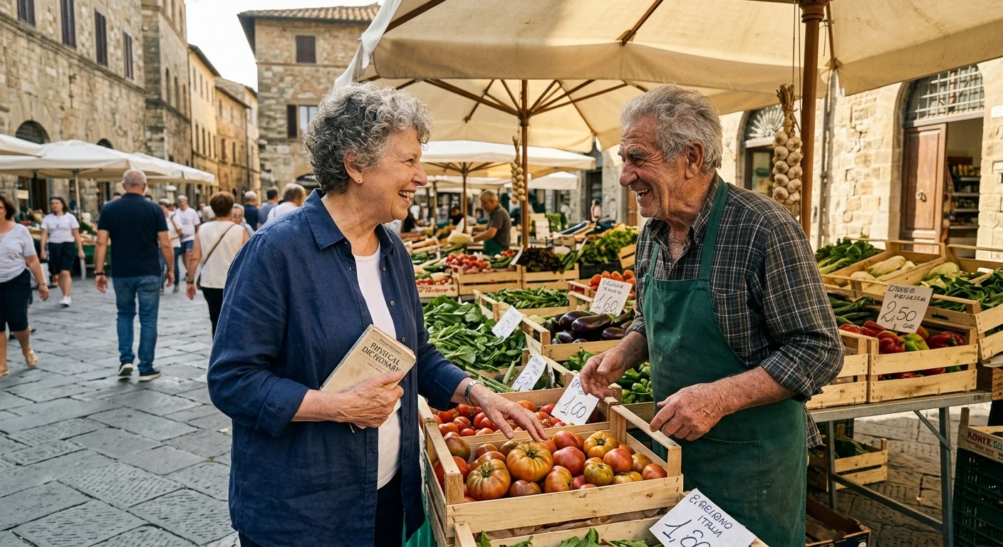 A candid photo of an older expat woman smiling and using a translation dictionary to buy tomatoes from a local Italian vendor.