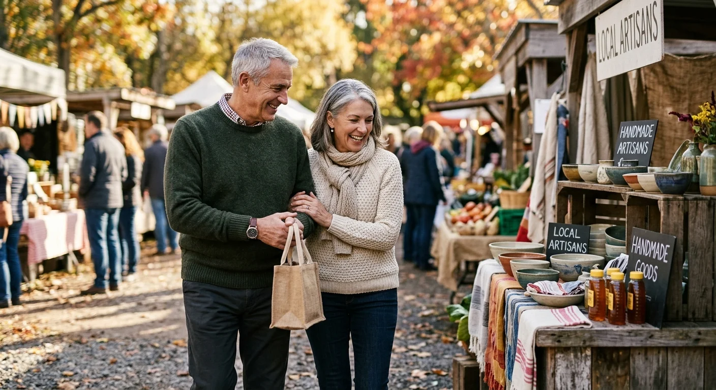 A candid photograph of a happy mature couple walking through a sunny outdoor market in early autumn.
