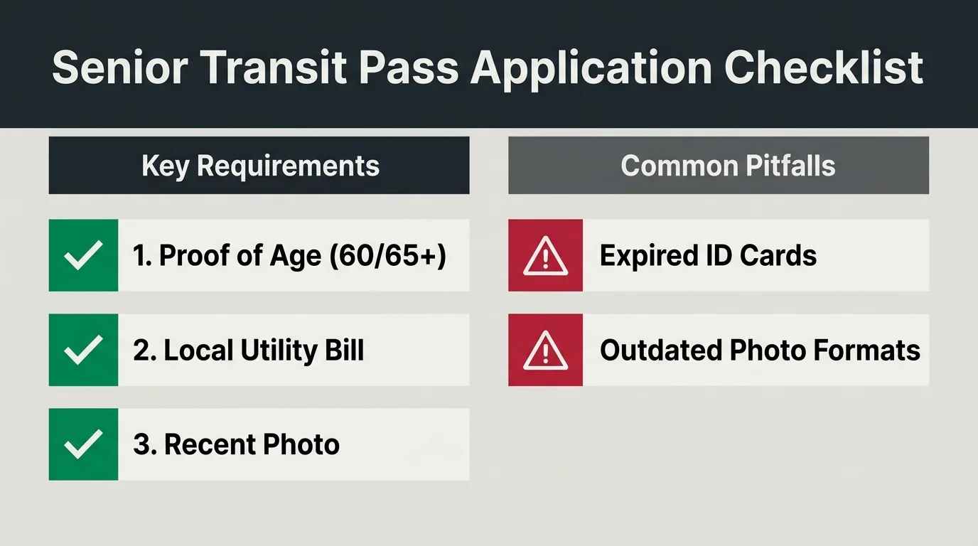A clean checklist diagram showing the correct steps and common errors when applying for a senior transit pass.