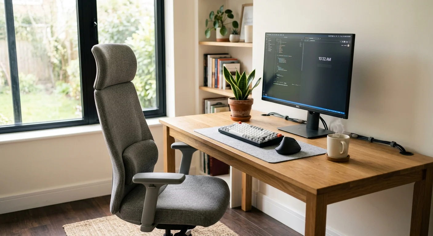 A clean, ergonomic home office workspace with a computer monitor, ergonomic mouse, green plant, and natural window light.