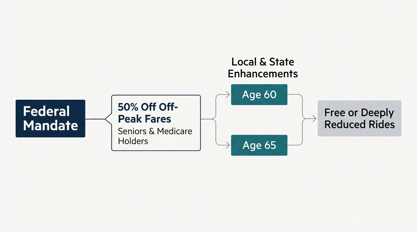 A clean flowchart diagram illustrating how federal mandates and local age milestones of 60 and 65 lead to senior transit discounts.