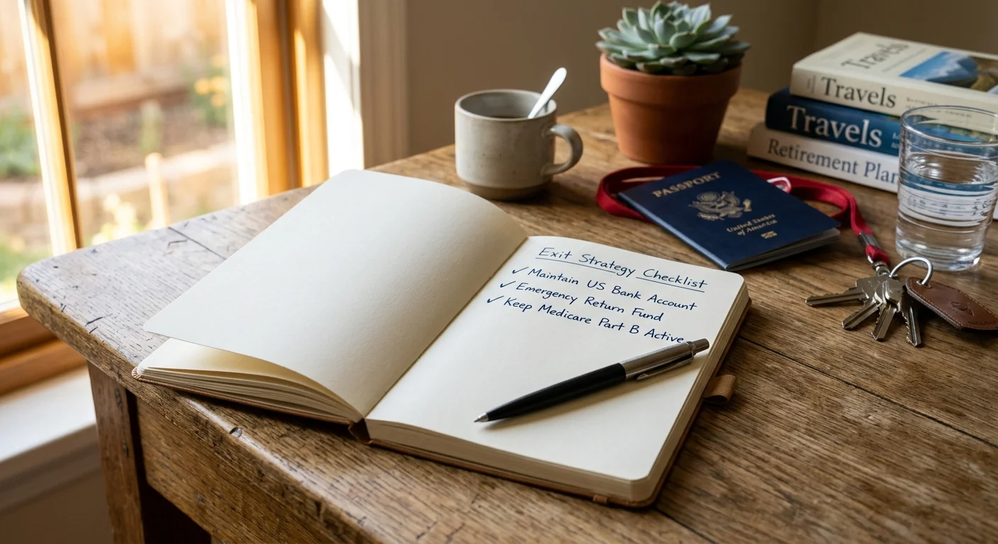 A close-up of a desk with a notebook checklist titled 'Exit Strategy Checklist' alongside a passport and keys.