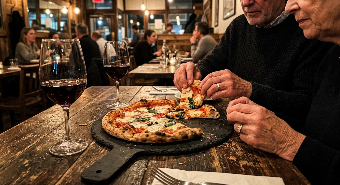 A close-up of a wood-fired pizza and two glasses of red wine on a rustic restaurant table during a cozy dinner.