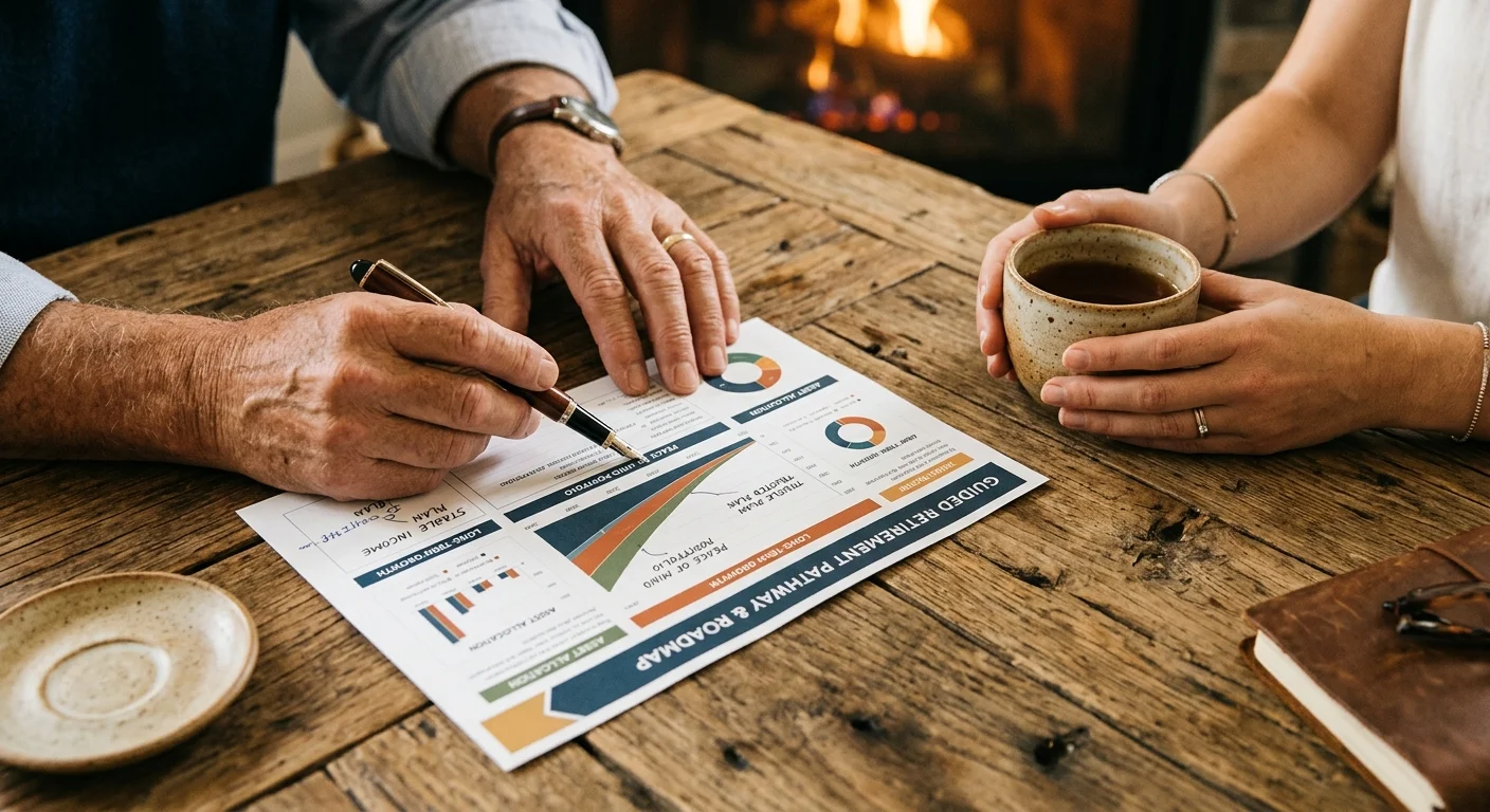 A close-up photograph of hands reviewing a printed financial plan on a warm, rustic wooden table.