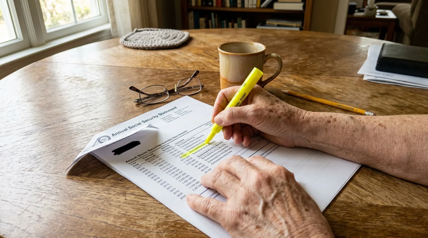 A close-up shot of an older person's hands using a yellow highlighter on a paper Social Security earnings statement on a wooden table.