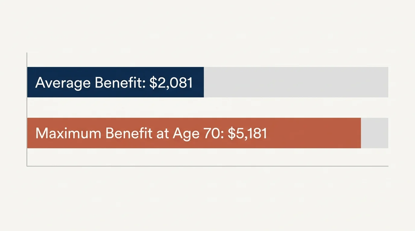 A comparative bar chart showing the average benefit of $2,081 versus the maximum benefit of $5,181 at age 70.