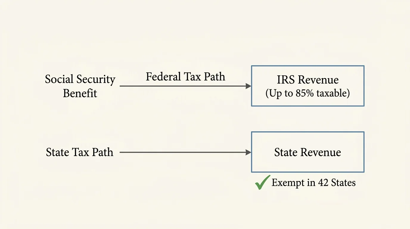 A comparative diagram showing how Social Security is taxed at the federal level but exempted by most state tax systems.